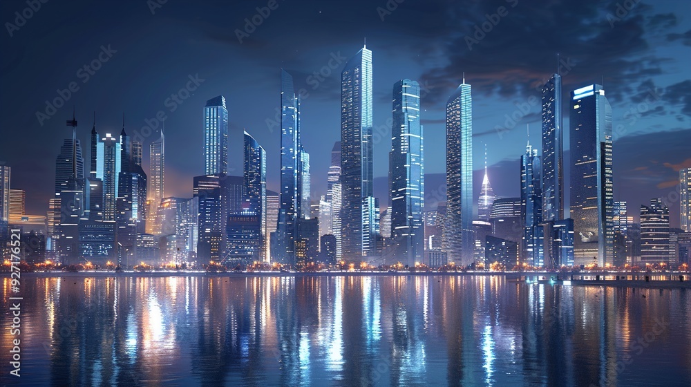 Fototapeta premium A modernized city skyline at night, featuring new high-rise buildings with innovative architectural designs and green energy solutions.