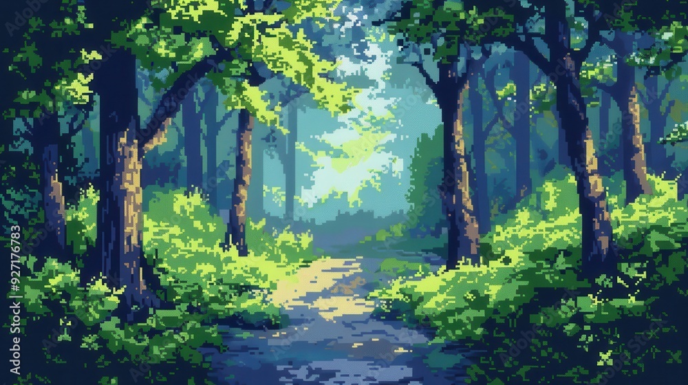 A pixelated scene depicts a sun-dappled forest, the light filtering through the lush green leaves of the trees. A dirt path winds its way through the forest, inviting the viewer to explore its depths. A pixelated scene depicts a sun-dappled forest, the light filtering through the lush green leaves of the trees. A dirt path winds its way through the forest, inviting the viewer to explore its depths.
