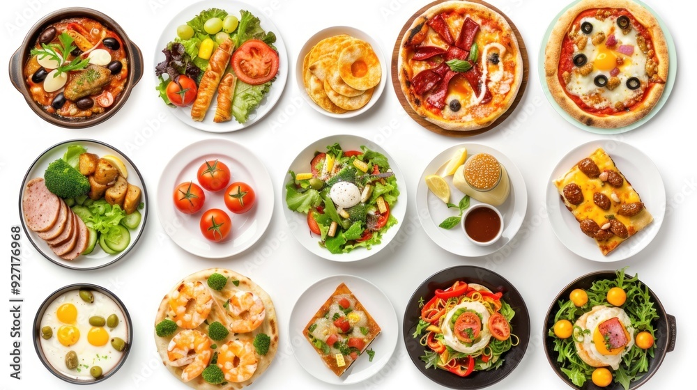 set of various plates of food isolated on a white background