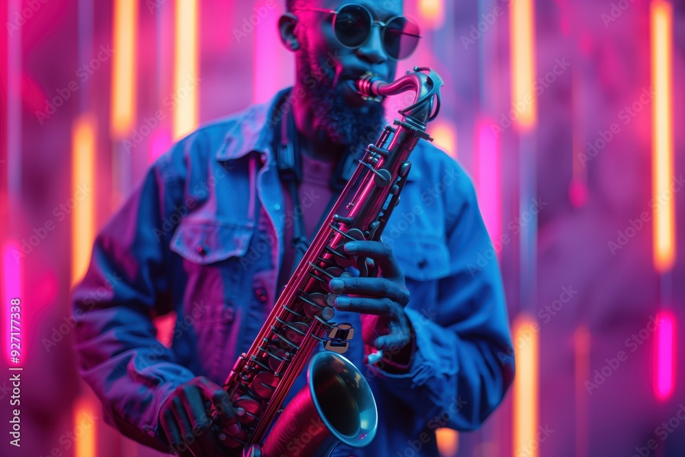 Fototapeta premium Musician Playing Saxophone in Vibrant Neon Lighting with Colorful Bokeh Effect Creating a Jazz Atmosphere