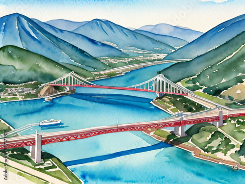日本の山間部の川に橋が架かっている