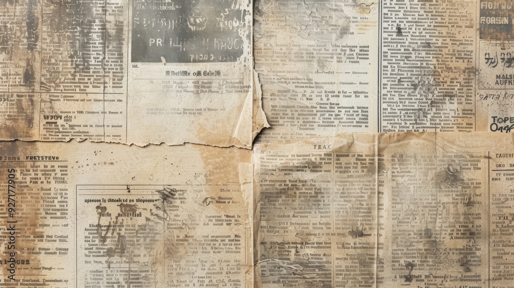 Obraz premium Several newspaper pages are shown, with some pages torn and partially folded over, exposing the text below. The pages are worn and aged, with brown stains and some faded text.