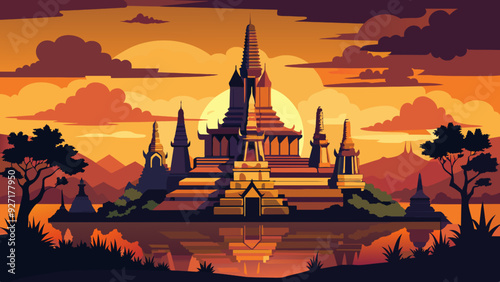 Wat Arun temple in bangkok thailand at sunset vector illustration