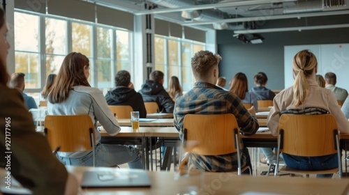 Team of people having class with business trainer. Group of male and female employees sitting at desks in modern office and listening to lecture by experienced teacher sharing knowledge and guidance. 