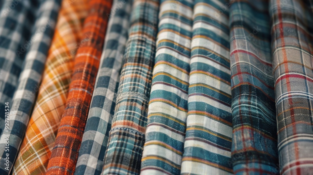 A close-up view of multiple folded pieces of plaid fabric in various colors, including orange, blue, white, and red, displayed together, showcasing the detailed woven patterns of the cloth. A close-up view of multiple folded pieces of plaid fabric in various colors, including orange, blue, white, and red, displayed together, showcasing the detailed woven patterns of the cloth.