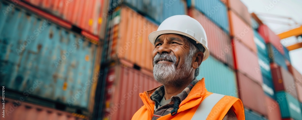 Indian worker standing in front of stacked shipping containers. Container terminal - freight shipping background. International trade banner. Import export concept. Indian worker standing in front of stacked shipping containers. Container terminal - freight shipping background. International trade banner. Import export concept.