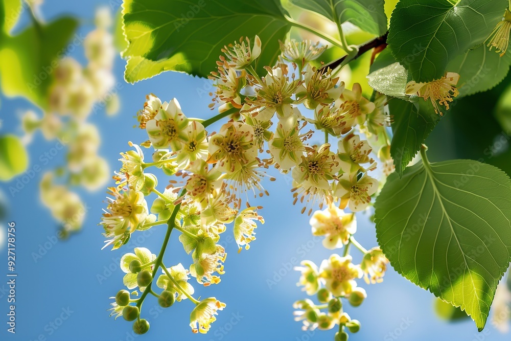 Linden tree branch with blooming flowers and green leaves against a clear blue sky Linden tree branch with blooming flowers and green leaves against a clear blue sky