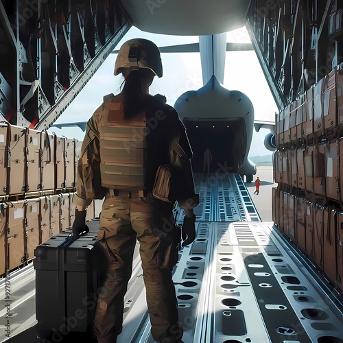 rear view of Military Soldiers Loading Airplane Cargo Logistics Transportation Operation