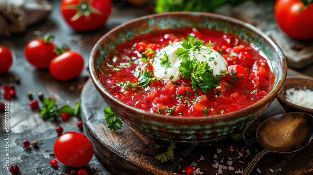 A bowl of red beet soup is topped with a dollop of sour cream and fresh parsley. The bowl sits on a wooden cutting board with red tomatoes, peppercorns, and salt crystals scattered around it. A bowl of red beet soup is topped with a dollop of sour cream and fresh parsley. The bowl sits on a wooden cutting board with red tomatoes, peppercorns, and salt crystals scattered around it.