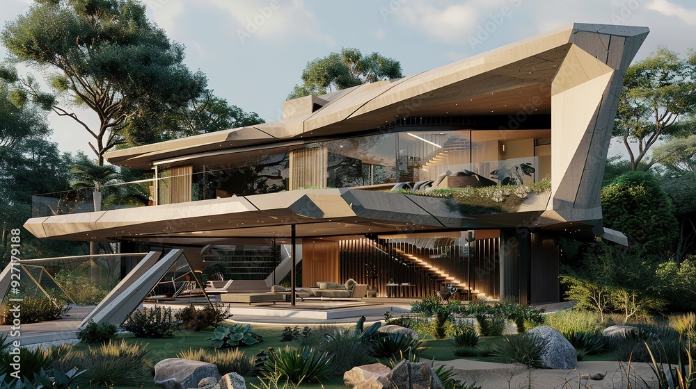 Obraz premium Modern concrete house with a large patio and lush landscaping.