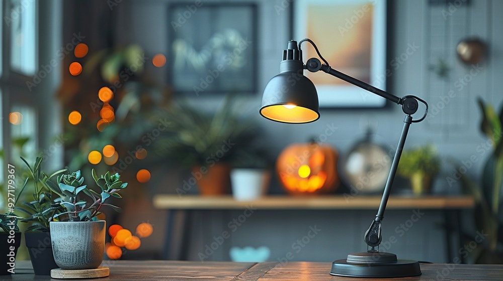 A desk lamp with a white pumpkin decoration in the corner highlights a minimalist style for Halloween holiday concepts. A desk lamp with a white pumpkin decoration in the corner highlights a minimalist style for Halloween holiday concepts.