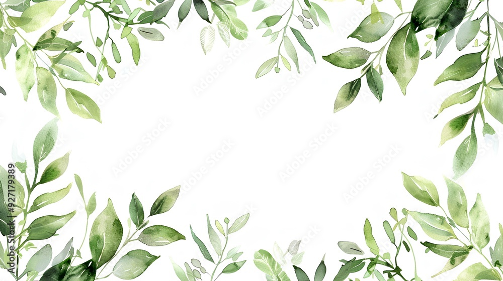 Watercolor greenery frame background with eucalyptus leaves and branches on white, empty space in the center for text or design, wedding invitation template Watercolor greenery frame background with eucalyptus leaves and branches on white, empty space in the center for text or design, wedding invitation template