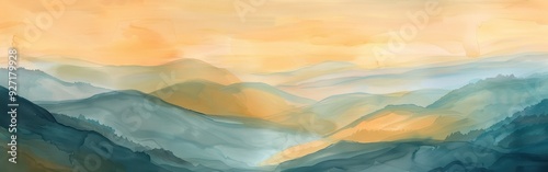 A digital painting depicting a mountainous landscape at sunset, with layers of blue-green hills and valleys receding into the distance. The sky is a warm orange, and the sun is setting behind the moun photo