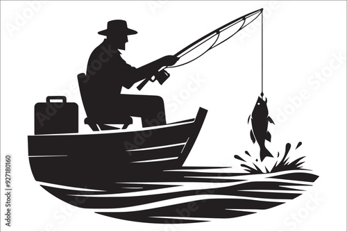 fishing, vector, black, silhouette, outdoor, nature, fish, Fisherman fishing silhouette, lake, river, ocean, water, bait, hook, rod, reel, angler, boat, adventure, sport, hobby, outdoors, casting, 
