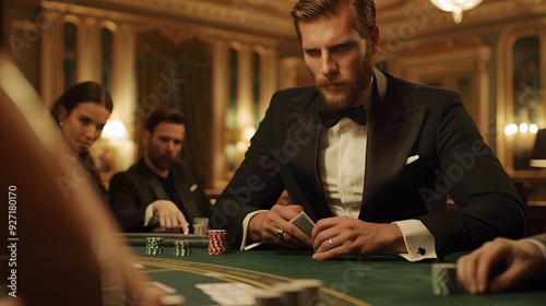 Handsome dealer in a tuxedo dealing cards at a high-stakes poker table with focused players