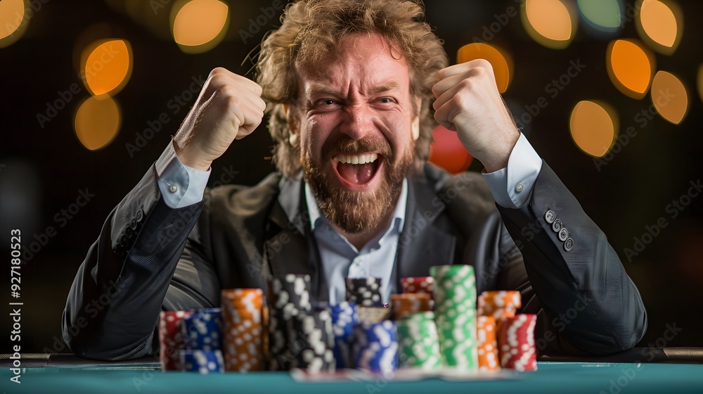 Man in a suit celebrating a win at a poker table with chips stacked high in front of him Man in a suit celebrating a win at a poker table with chips stacked high in front of him