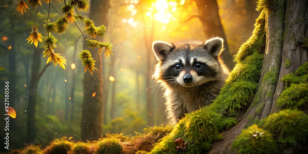 Obraz premium Whimsical forest scene featuring adorable raccoon peeking from behind moss-covered ancient trunk under warm soft golden light with dew-kissed leaves and misty atmosphere.