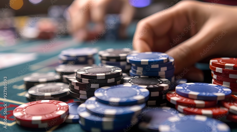 Close-up of poker chips being pushed into the pot during a high-stakes game Close-up of poker chips being pushed into the pot during a high-stakes game