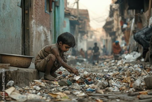 Child scavenging through trash in impoverished street