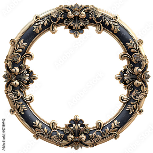 An ornate circular frame with intricate gold designs on a black background.