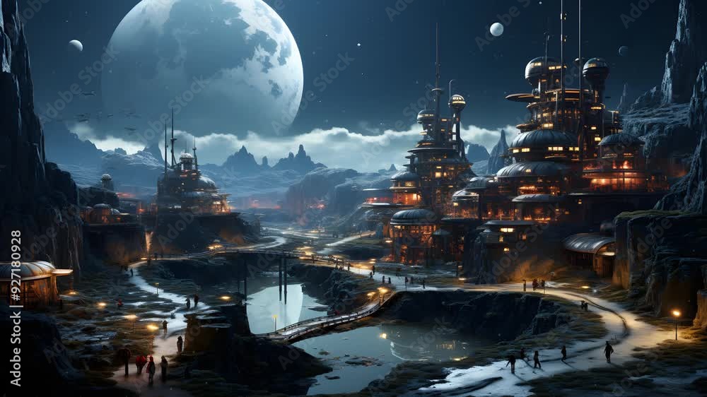 A futuristic city on a distant planet. The city is lit up at night and there are people walking around. A large moon hangs in the sky. A futuristic city on a distant planet. The city is lit up at night and there are people walking around. A large moon hangs in the sky.