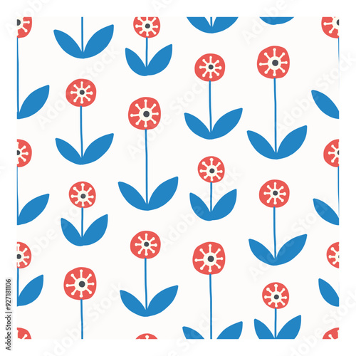 Red flowers with blue stems on white background suitable for springthemed designs, botanical illustrations, greeting cards, and home decor.
