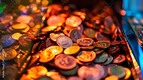 Close-up of the slot machineâ€™s payout tray overflowing with coins after a jackpot win photo