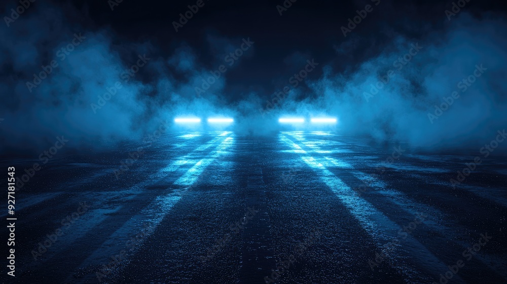 Empty road with blue lights. This photo is perfect for a cool, mysterious, or futuristic setting. Empty road with blue lights. This photo is perfect for a cool, mysterious, or futuristic setting.