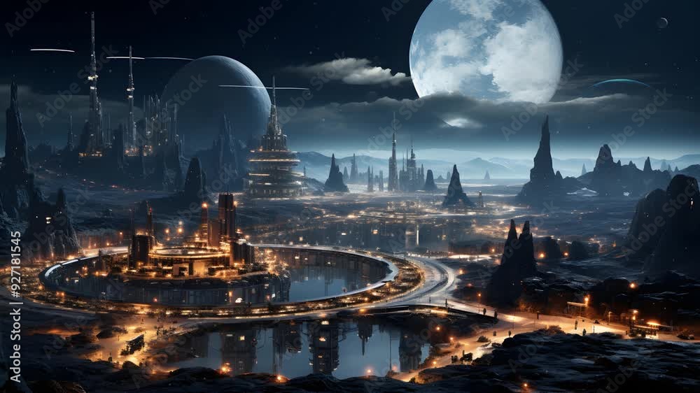 A futuristic city under a starry sky, illuminated by the soft glow of a moon. The city is surrounded by rocky mountains and a large lake. A futuristic city under a starry sky, illuminated by the soft glow of a moon. The city is surrounded by rocky mountains and a large lake.