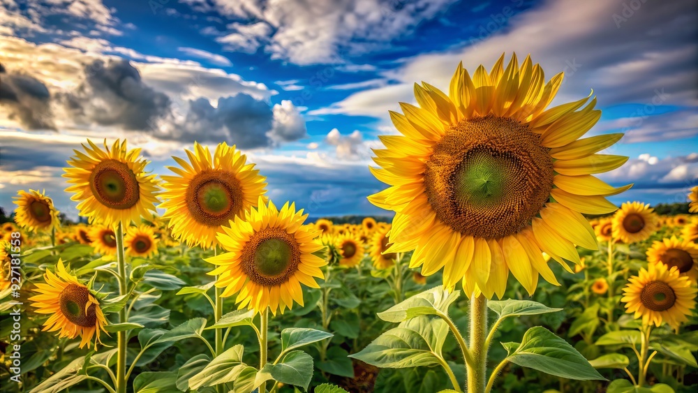 Whispering Winds of Autumn: Sunflowers swaying in the autumn breeze, shades of yellow, green, and blue Whispering Winds of Autumn: Sunflowers swaying in the autumn breeze, shades of yellow, green, and blue