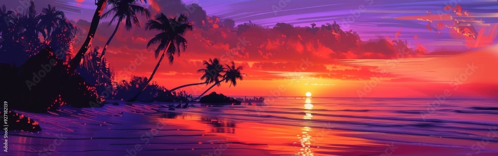 The setting sun paints the sky with vibrant hues of orange, red, and purple. Palm trees stand silhouetted against the colorful clouds, their fronds swaying gently in the breeze. The tranquil ocean ref The setting sun paints the sky with vibrant hues of orange, red, and purple. Palm trees stand silhouetted against the colorful clouds, their fronds swaying gently in the breeze. The tranquil ocean ref