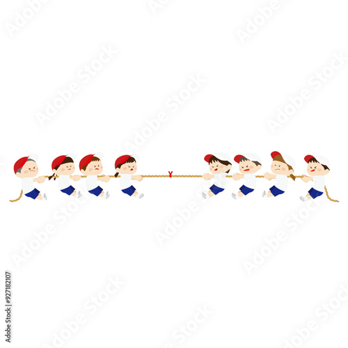 綱引きをしている子供達のイラスト