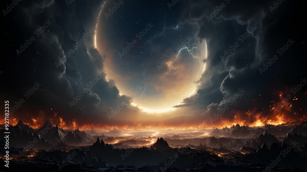A dark and apocalyptic landscape with flames erupting from the ground, a glowing ring in the sky, and lightning striking down. The scene is both beautiful and terrifying. A dark and apocalyptic landscape with flames erupting from the ground, a glowing ring in the sky, and lightning striking down. The scene is both beautiful and terrifying.