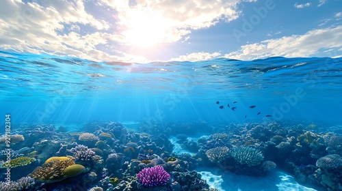 Vibrant underwater scene showcasing colorful coral reefs beneath clear turquoise water, illuminated by sunlight from above.