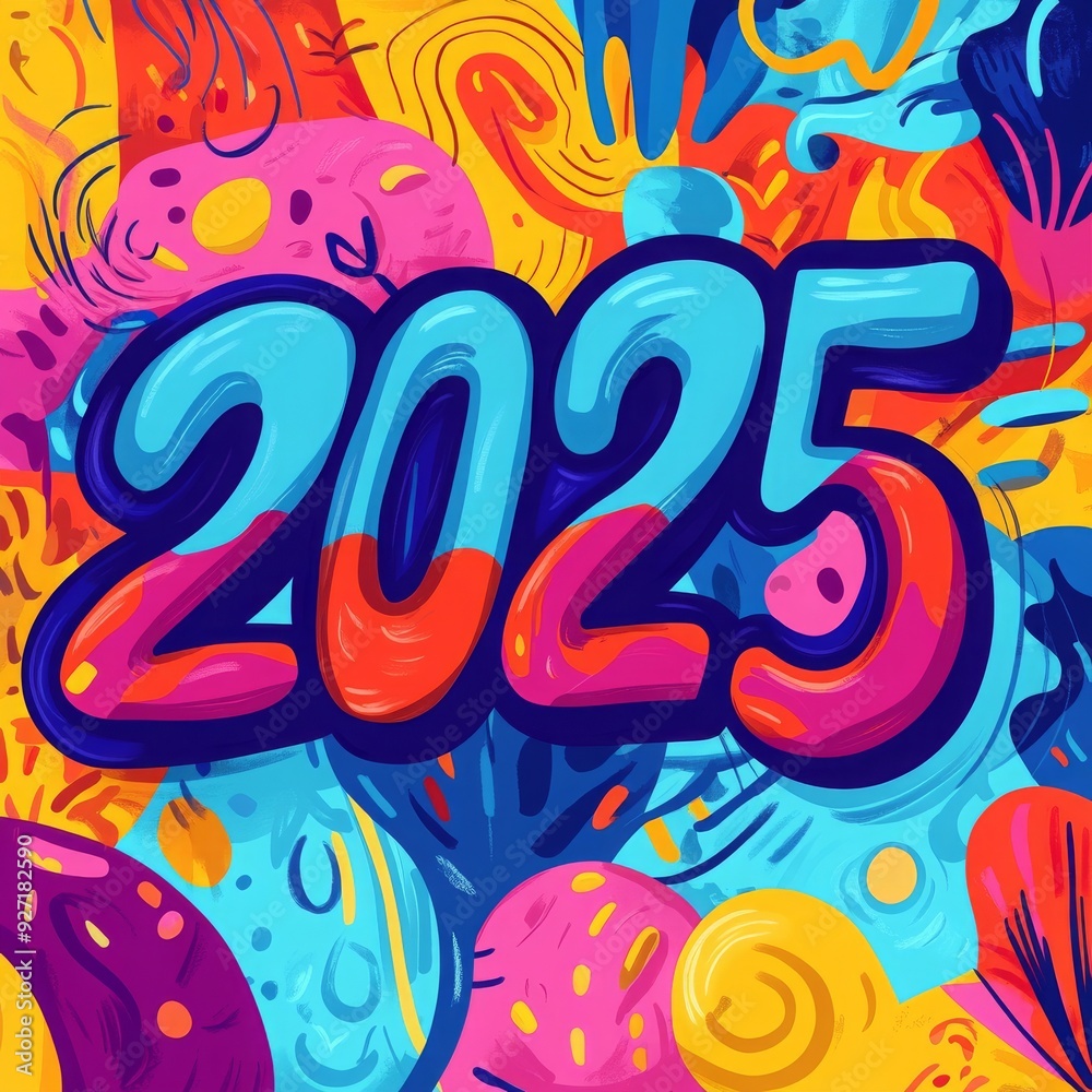Colorful 2025 design with bright shapes on blue background. Concept of celebration, creativity, new beginnings. Banner, background for New Year, parties Colorful 2025 design with bright shapes on blue background. Concept of celebration, creativity, new beginnings. Banner, background for New Year, parties