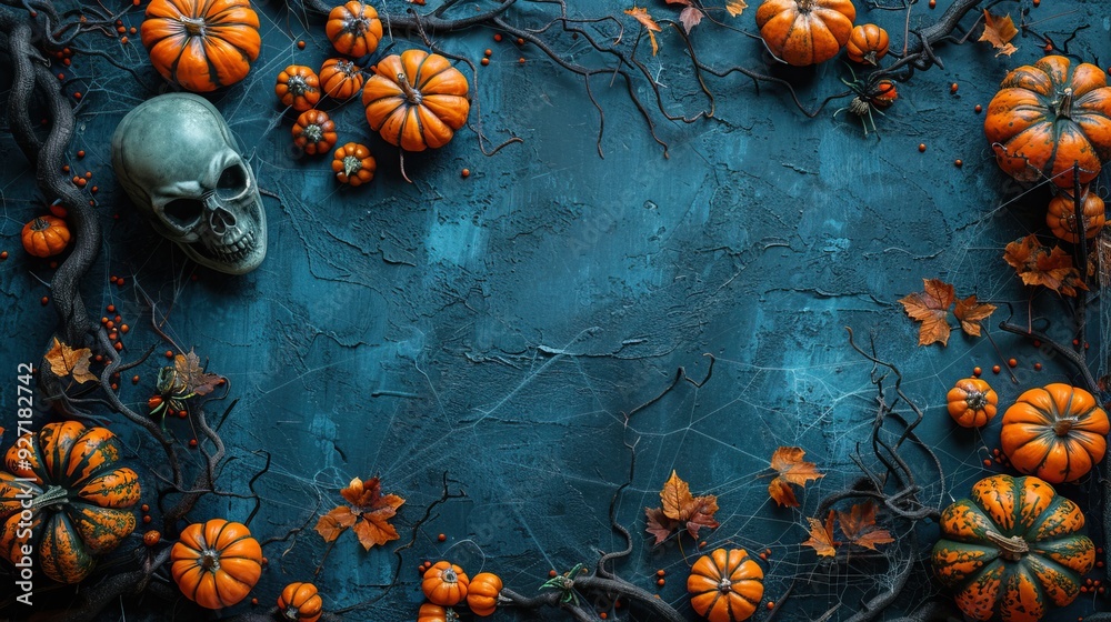 This spooky Halloween flat lay showcases a skull, a web-covered tree branch, orange pumpkins, and zombie hands on a stone table, evoking mystery and creepiness. This spooky Halloween flat lay showcases a skull, a web-covered tree branch, orange pumpkins, and zombie hands on a stone table, evoking mystery and creepiness.