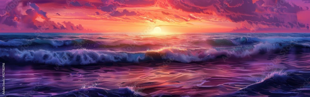 A vibrant sunset over the ocean is painted in hues of purple, orange, and pink. White capped waves crash and roll in the foreground, reflecting the warm colors of the sky. A vibrant sunset over the ocean is painted in hues of purple, orange, and pink. White capped waves crash and roll in the foreground, reflecting the warm colors of the sky.