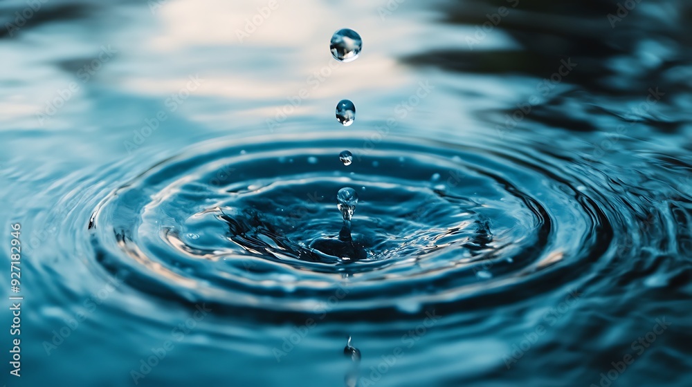 Water drops creating ripples in clear blue water. Water drops creating ripples in clear blue water.
