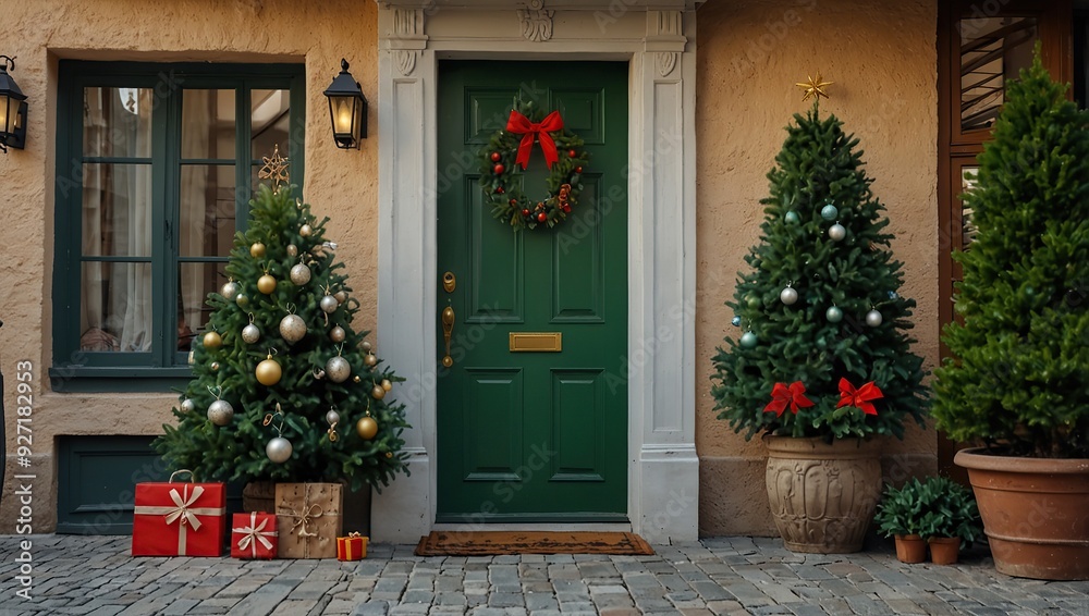 Green door entrance to the house. Christmas festive deco decorated with Christmas tree branches Green door entrance to the house. Christmas festive deco decorated with Christmas tree branches