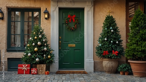 Green door entrance to the house. Christmas festive deco decorated with Christmas tree branches