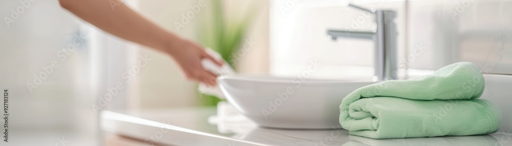 Hand reaching napkin in a bright bathroom with a white sink, towel, and green plant, ideal for hygiene and home interior themes. Hand reaching napkin in a bright bathroom with a white sink, towel, and green plant, ideal for hygiene and home interior themes.