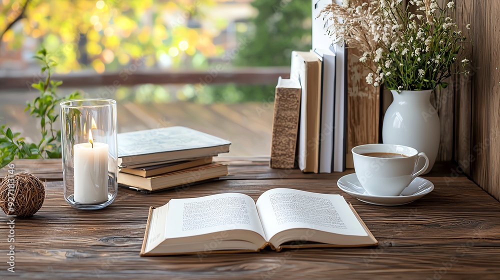 Cozy reading nook with open book, cup of coffee, and decorative elements on wooden table. Perfect for relaxation and inspiration. Cozy reading nook with open book, cup of coffee, and decorative elements on wooden table. Perfect for relaxation and inspiration.