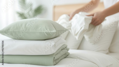 Person changing pillowcases and arranging bedding in a bright and cozy bedroom, emphasizing cleanliness and comfort.