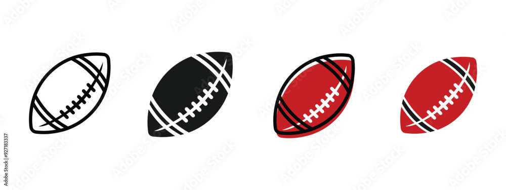 American football, rugby ball various styles, outline, solid black and colored, editable vector eps 10.