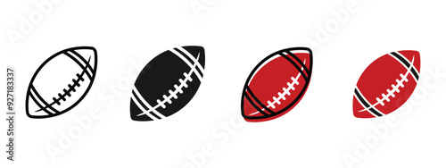 American football, rugby ball various styles, outline, solid black and colored, editable vector eps 10.