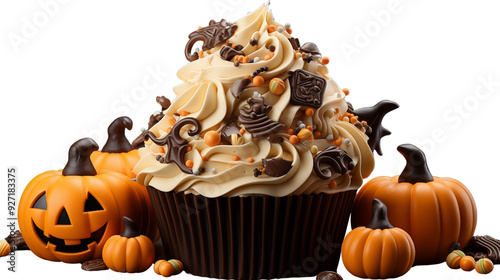 Halloween Cupcake muffin with icing frosting topping of witch hat, Jack O Lantern, spider, skull isolated on transparent background. photo