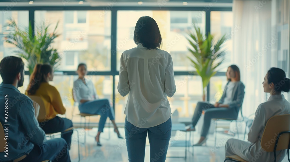 Confident female business coach teaches small group of people new business knowledge. People are sitting on chairs in office of business center listening to woman standing with her back to camera. Confident female business coach teaches small group of people new business knowledge. People are sitting on chairs in office of business center listening to woman standing with her back to camera.