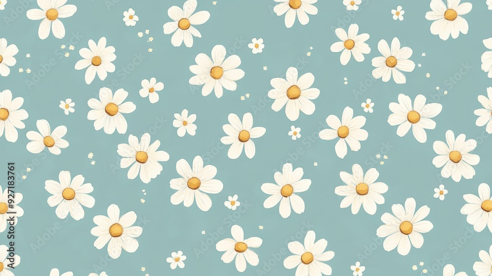 A floral pattern featuring white daisies on a soft blue background, ideal for design use. A floral pattern featuring white daisies on a soft blue background, ideal for design use.