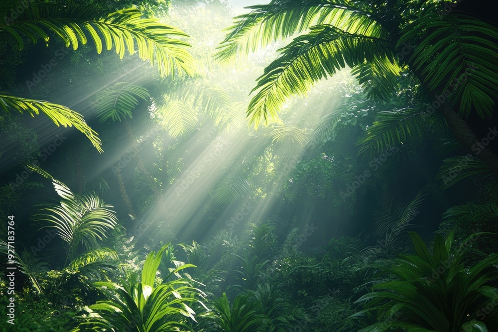 Sun rays through lush jungle. Perfect for travel, nature, and adventure themes. Sun rays through lush jungle. Perfect for travel, nature, and adventure themes.