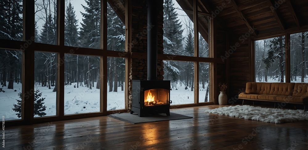 Fototapeta premium Indoor Rustic wooden house with fireplace and snow forest